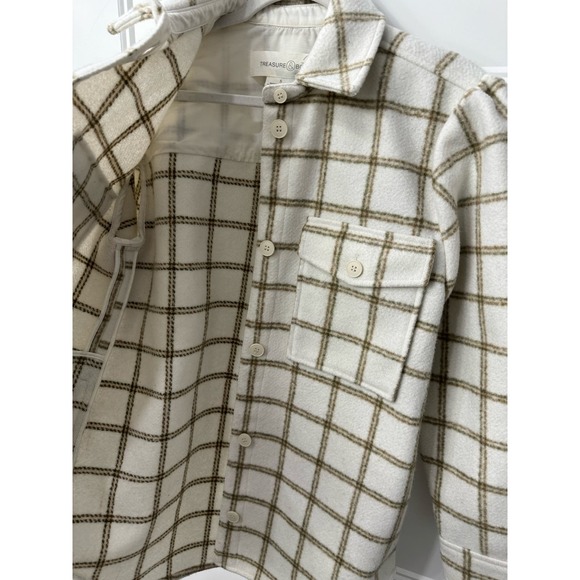 Treasure & Bond Plaid Puff Sleeve Shirt Jacket Ivory Plaid Button Up MSRP $129 - Picture 10 of 11
